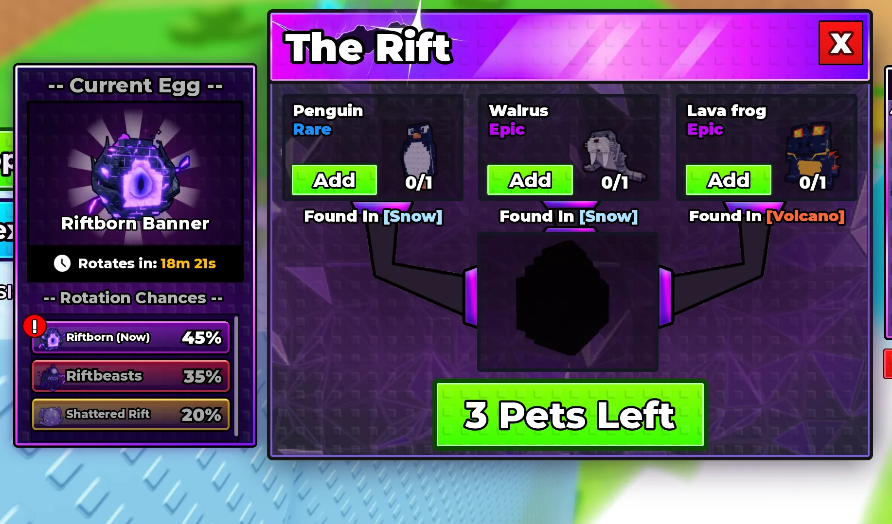 The Rift interface in Steal An Egg: Current Egg shows the Riftborn Banner, a rotation timer reads 18m 21s, Rotation Chances list Riftborn (Now) 45%, Riftbeasts 35% and Shattered Rift 20%, and the requested pets Penguin, Walrus and Lava frog wait to be added