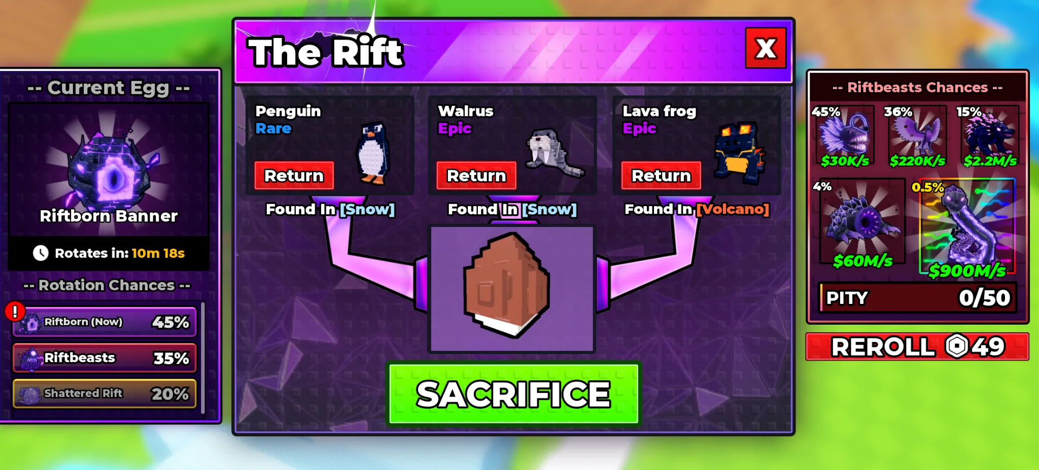 Riftbeasts Egg chances in Steal An Egg: the in-game panel listing its five Void pets at 45%, 36%, 15%, 4% and 0.5%