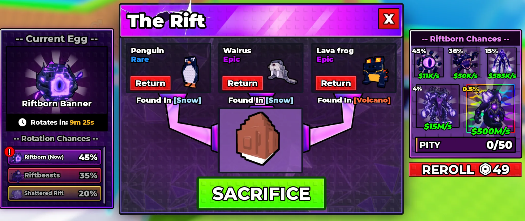 Riftborn Egg chances in Steal An Egg: the in-game panel listing its five Rift pets at 45%, 36%, 15%, 4% and 0.5%