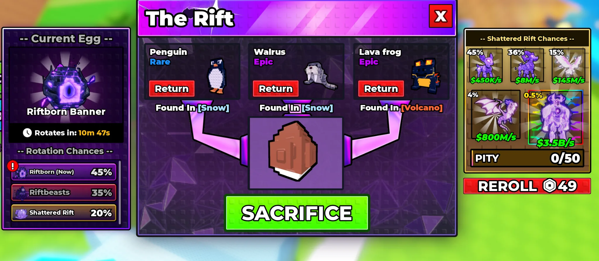 Shattered Rift Egg chances in Steal An Egg: the in-game panel listing its five Shard pets at 45%, 36%, 15%, 4% and 0.5%