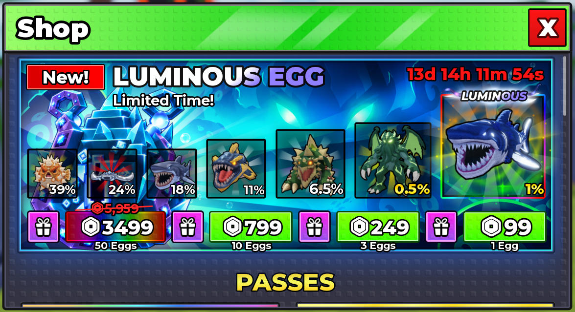 Luminous Egg shop odds reference screenshot